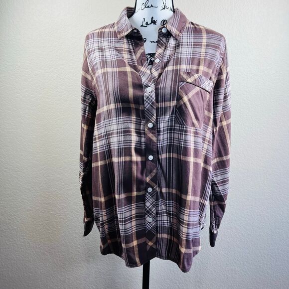 Aerie Brown Plaid Lightweight Flannel button up collar long sleeve size M boho - Picture 8 of 14